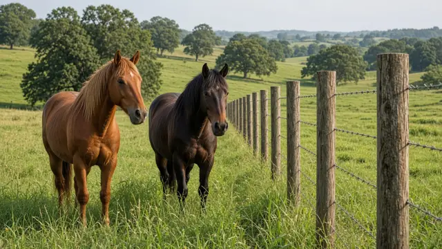 Wire fence with wood posts across a pasture (stock image)